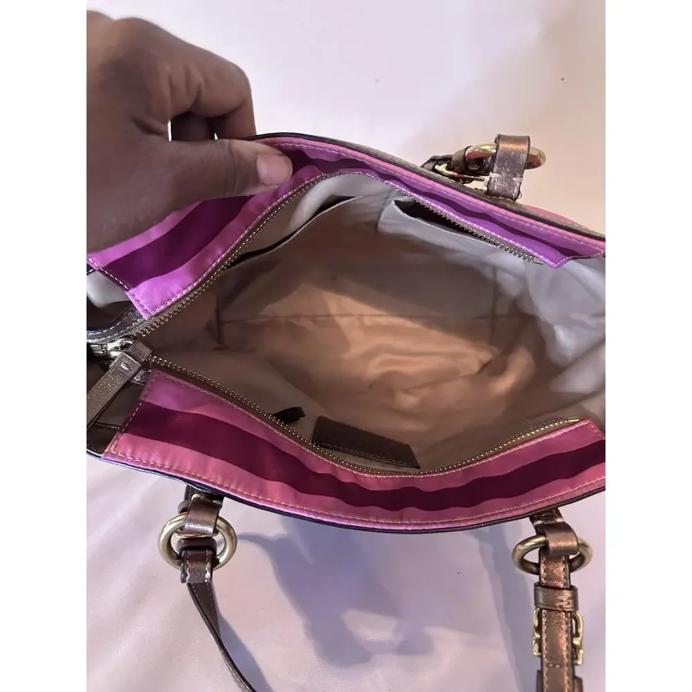 VTG Coach Tote Bag Medium Multicolor Satin Stripe Shoulder Zip Leather Trim Y2K